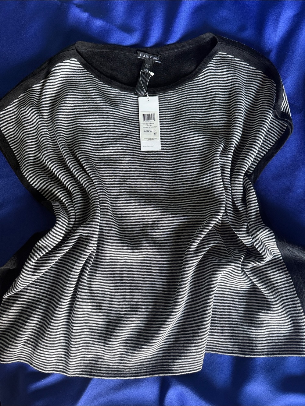 Ellen Tracy Black & White Striped Short-Sleeve Top with Solid Trim